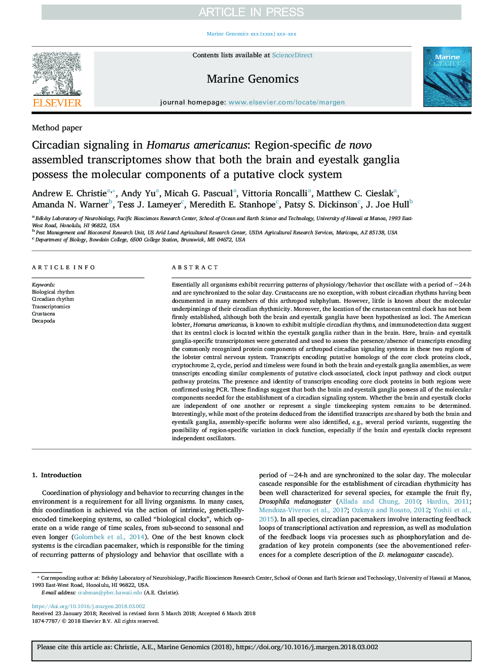 Circadian signaling in Homarus americanus: Region-specific de novo assembled transcriptomes show that both the brain and eyestalk ganglia possess the molecular components of a putative clock system