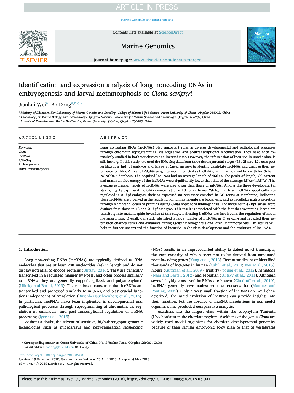 Identification and expression analysis of long noncoding RNAs in embryogenesis and larval metamorphosis of Ciona savignyi