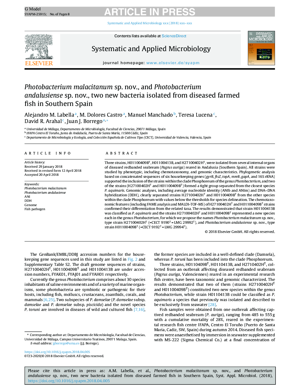 Photobacterium malacitanum sp. nov., and Photobacterium andalusiense sp. nov., two new bacteria isolated from diseased farmed fish in Southern Spain