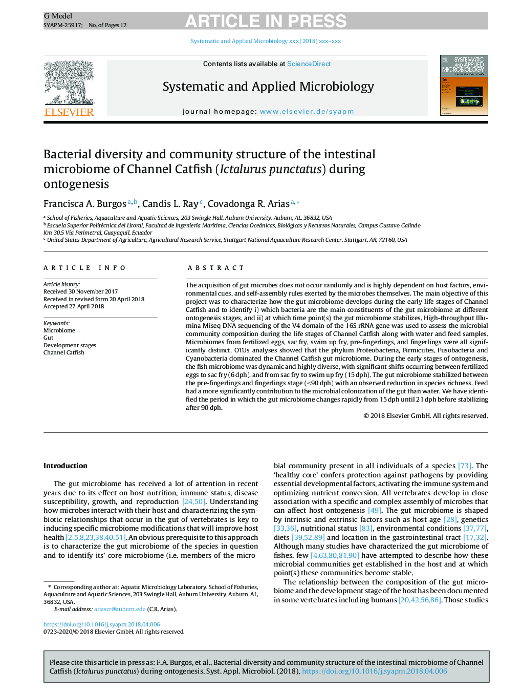 Bacterial diversity and community structure of the intestinal microbiome of Channel Catfish (Ictalurus punctatus) during ontogenesis