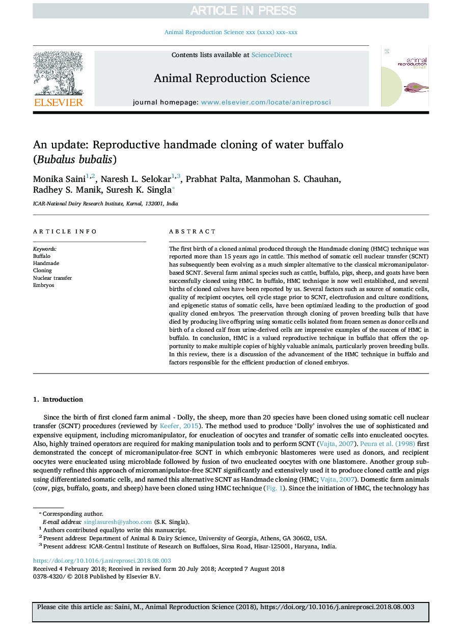 An update: Reproductive handmade cloning of water buffalo (Bubalus bubalis)