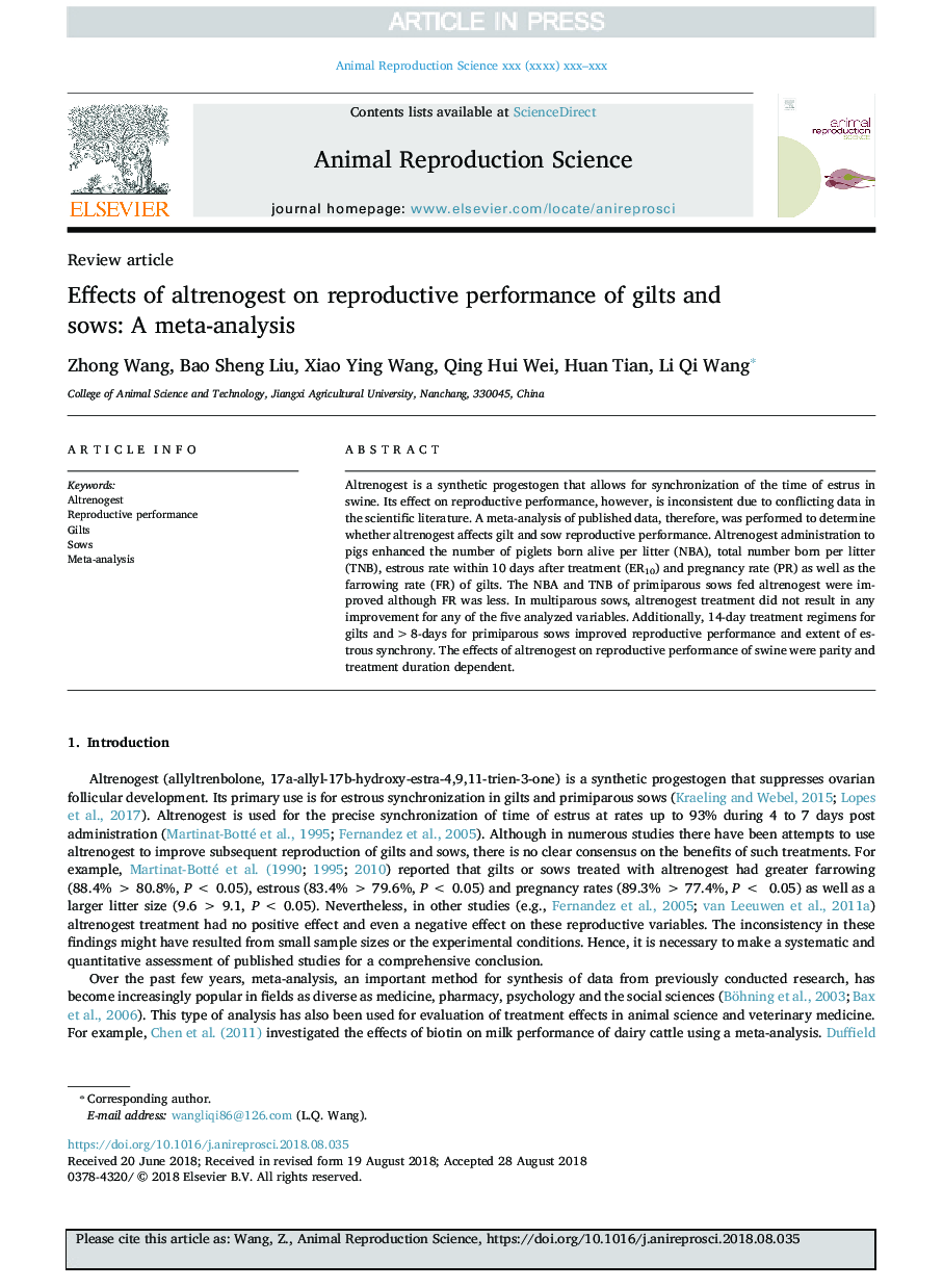 Effects of altrenogest on reproductive performance of gilts and sows: A meta-analysis