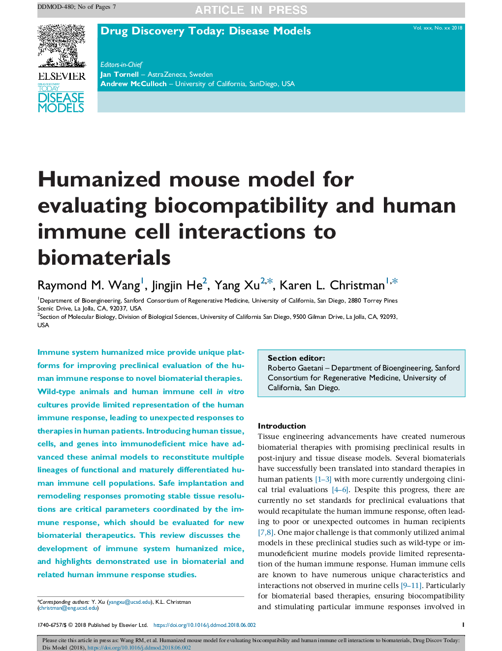 Humanized mouse model for evaluating biocompatibility and human immune cell interactions to biomaterials