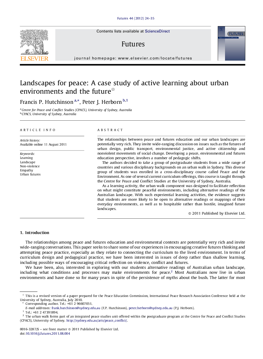 عکس صفحه اول مقاله: Landscapes for peace: A case study of active learning about urban environments and the future Landscapes for peace: A case study of active learning about urban environments and the future