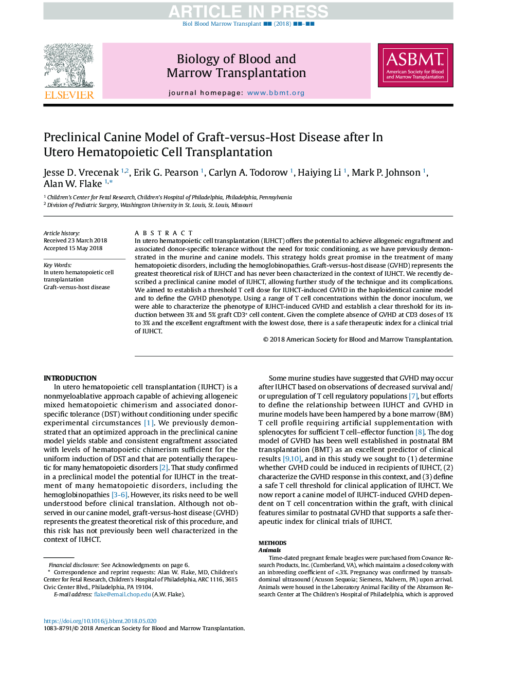 Preclinical Canine Model of Graft-versus-Host Disease after In Utero Hematopoietic Cell Transplantation