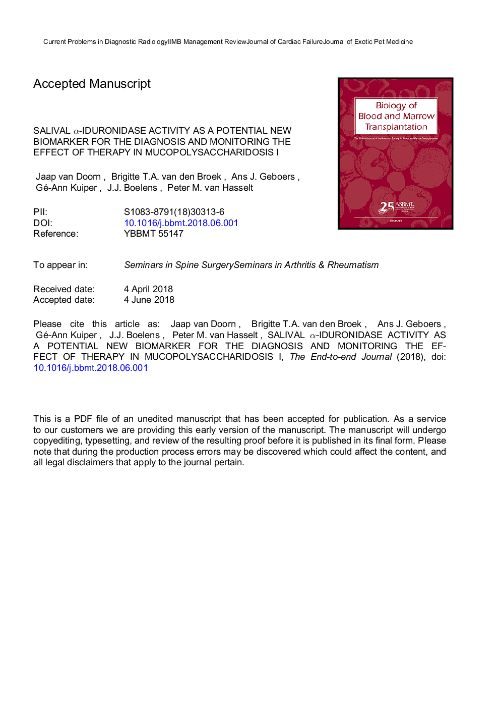 Salivary Î±-Iduronidase Activity as a Potential New Biomarker for the Diagnosis and Monitoring the Effect of Therapy in Mucopolysaccharidosis Type I