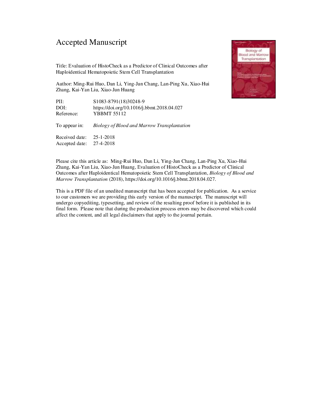 عکس صفحه اول مقاله: Evaluation of HistoCheck as a Predictor of Clinical Outcomes after Haploidentical Hematopoietic Stem Cell Transplantation Evaluation of HistoCheck as a Predictor of Clinical Outcomes after Haploidentical Hematopoietic Stem Cell Transplantation