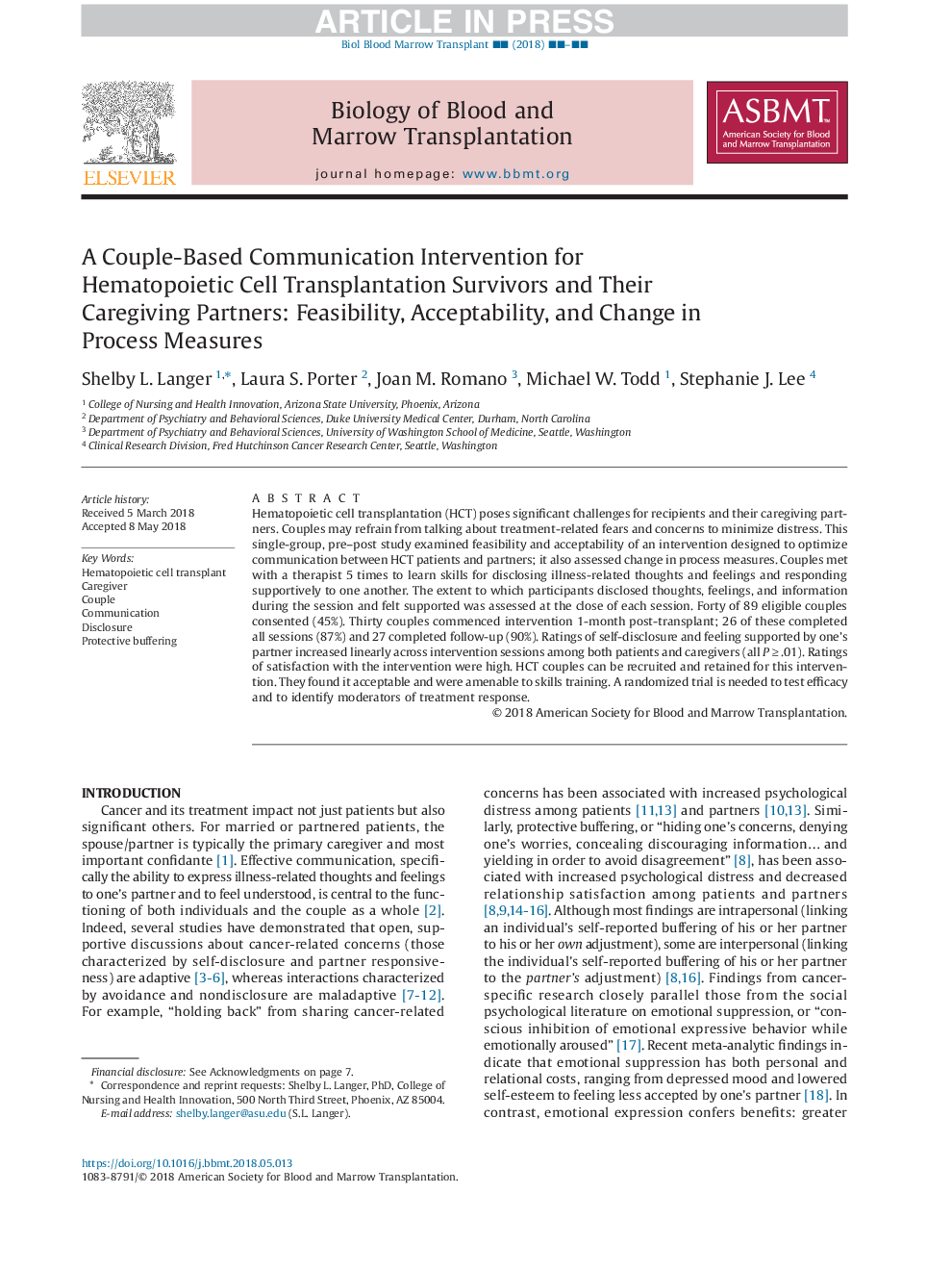 A Couple-Based Communication Intervention for Hematopoietic Cell Transplantation Survivors and Their Caregiving Partners: Feasibility, Acceptability, and Change in Process Measures