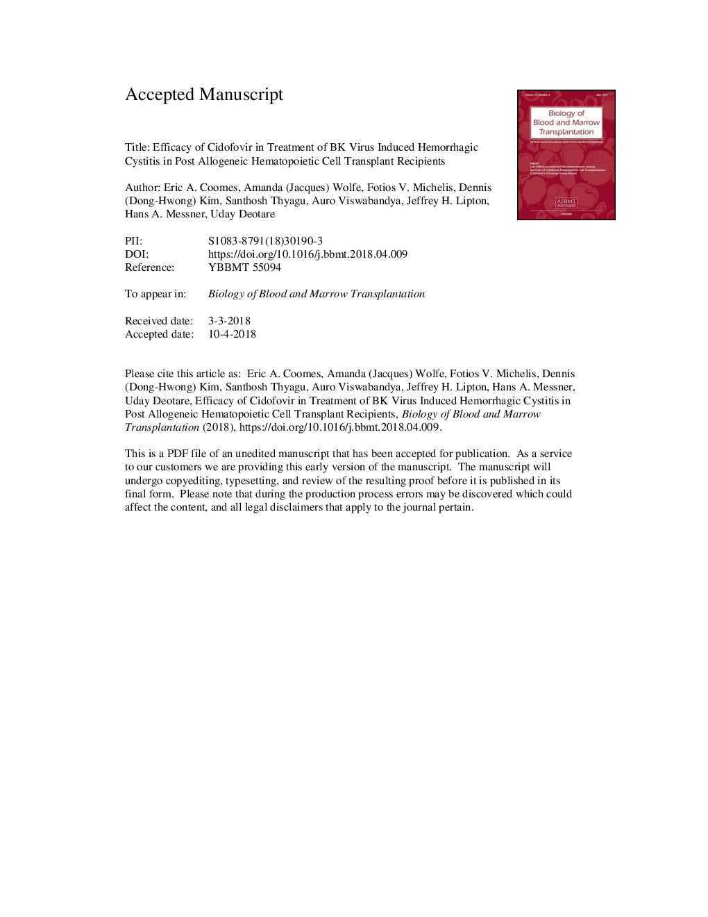 Efficacy of Cidofovir in Treatment of BK Virus-Induced Hemorrhagic Cystitis in Allogeneic Hematopoietic Cell Transplant Recipients