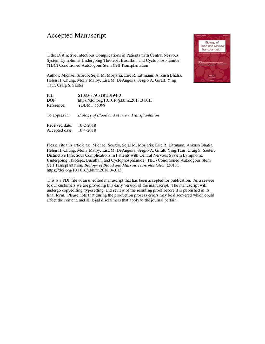 Distinctive Infectious Complications in Patients with Central Nervous System Lymphoma Undergoing Thiotepa, Busulfan, and Cyclophosphamide-conditioned Autologous Stem Cell Transplantation