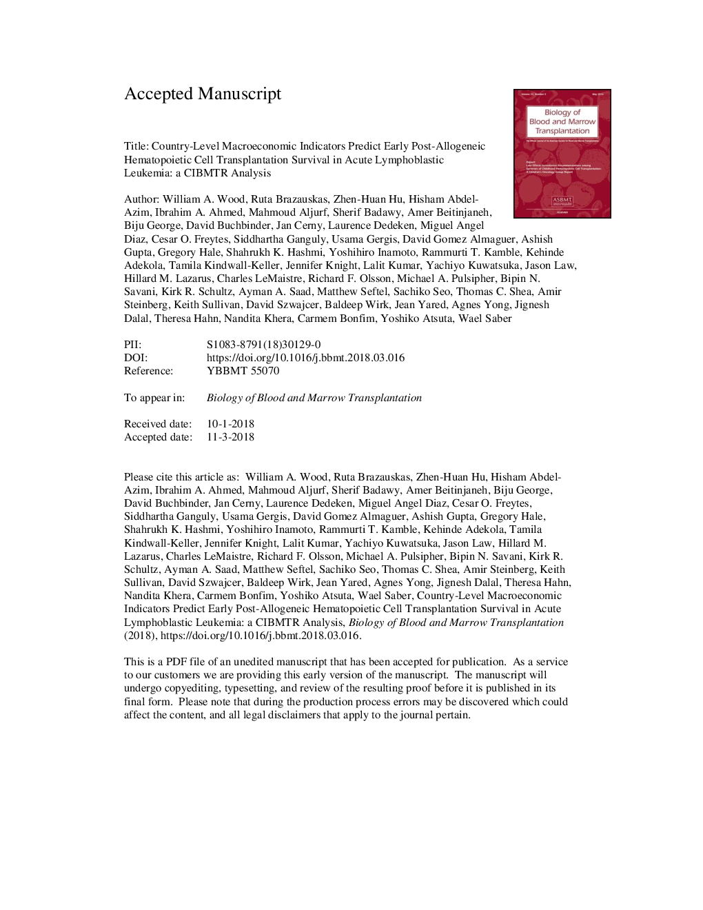 Country-Level Macroeconomic Indicators Predict Early Post-Allogeneic Hematopoietic Cell Transplantation Survival in Acute Lymphoblastic Leukemia: A CIBMTR Analysis