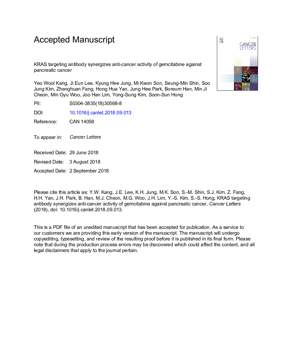 KRAS targeting antibody synergizes anti-cancer activity of gemcitabine against pancreatic cancer