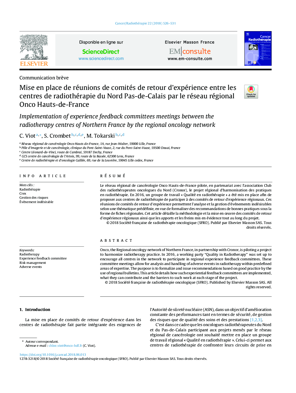 Mise en place de réunions de comités de retour d'expérience entre les centres de radiothérapie du Nord Pas-de-Calais par le réseau régional Onco Hauts-de-France