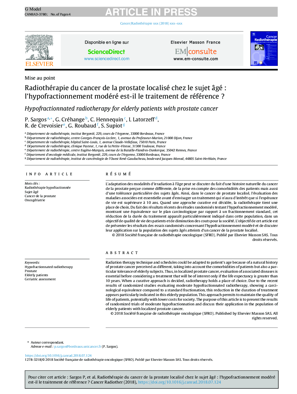 Radiothérapie du cancer de la prostate localisé chez le sujet Ã¢géÂ : l'hypofractionnement modéré est-il le traitement de référenceÂ ?