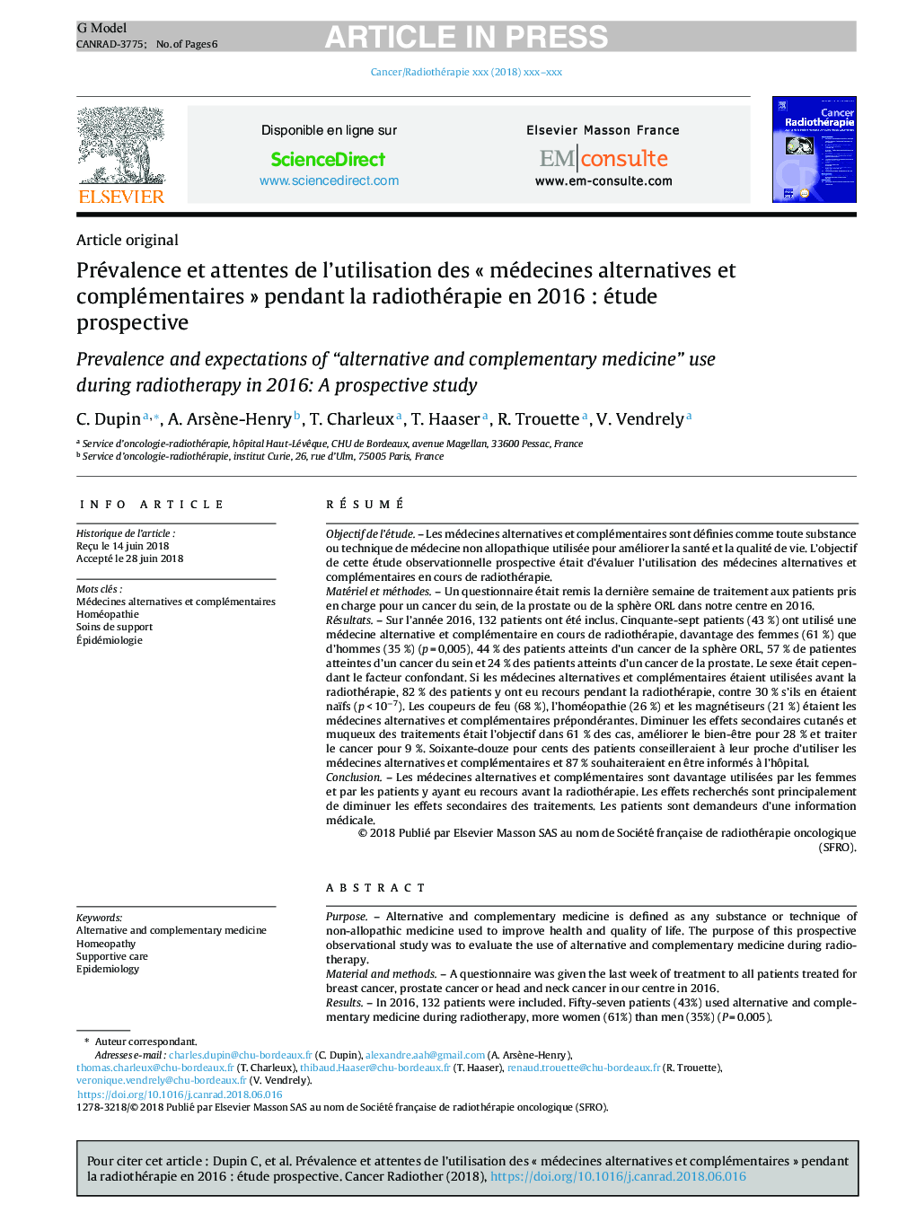 Prévalence et attentes de l'utilisation des Â«Â médecines alternatives et complémentairesÂ Â» pendant la radiothérapie en 2016Â : étude prospective