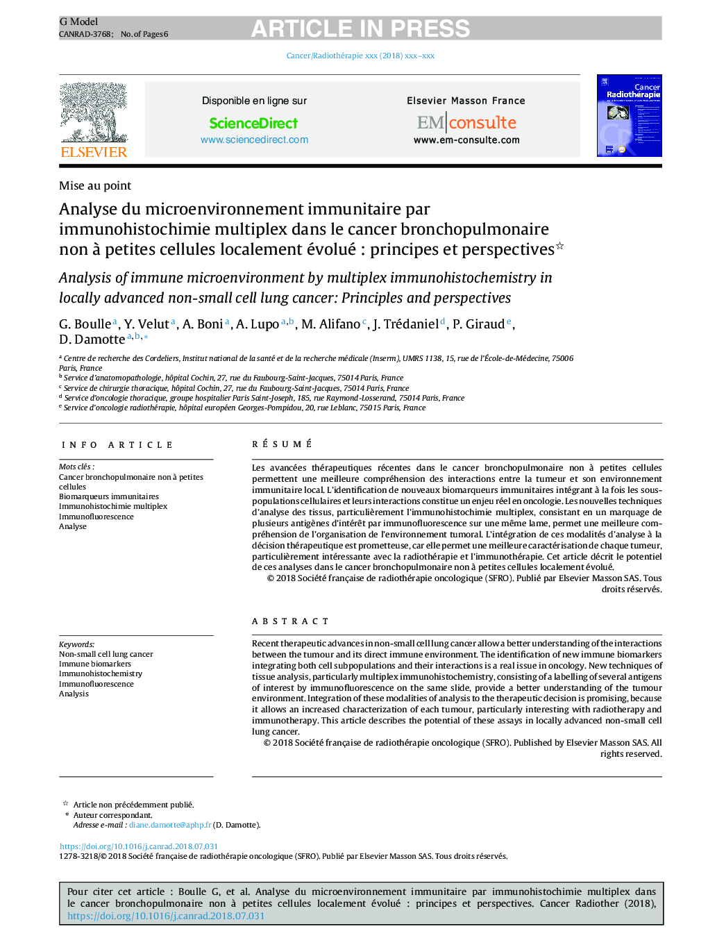 Analyse du microenvironnement immunitaire par immunohistochimie multiplex dans le cancer bronchopulmonaire non Ã  petites cellules localement évoluéÂ : principes et perspectives