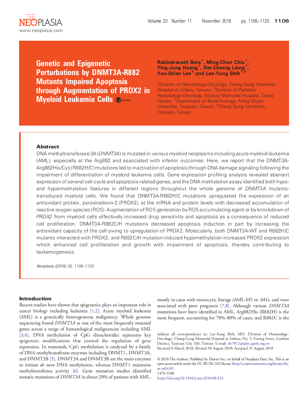 Genetic and Epigenetic Perturbations by DNMT3A-R882 Mutants Impaired Apoptosis through Augmentation of PRDX2 in Myeloid Leukemia Cells