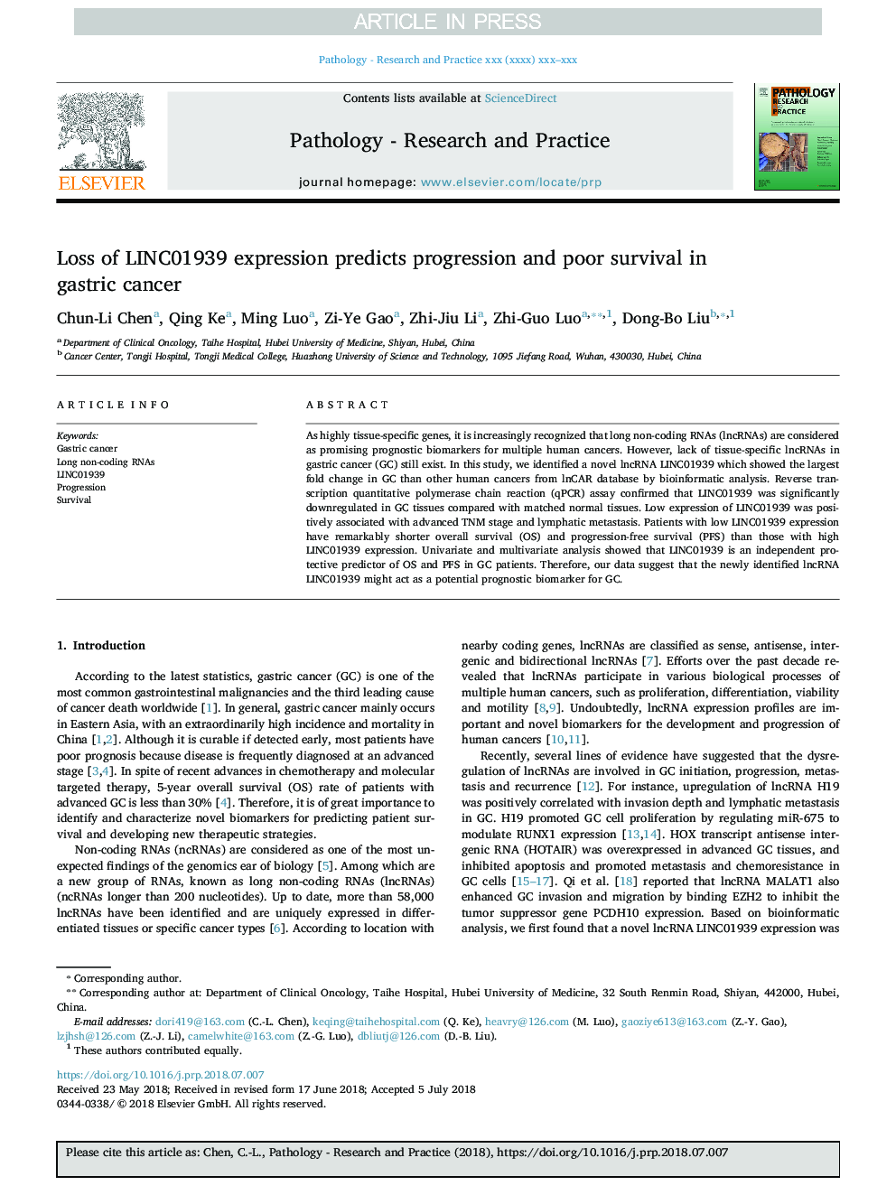 Loss of LINC01939 expression predicts progression and poor survival in gastric cancer