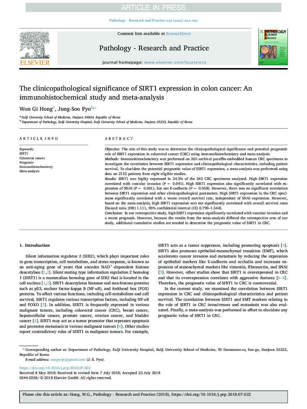 The clinicopathological significance of SIRT1 expression in colon cancer: An immunohistochemical study and meta-analysis