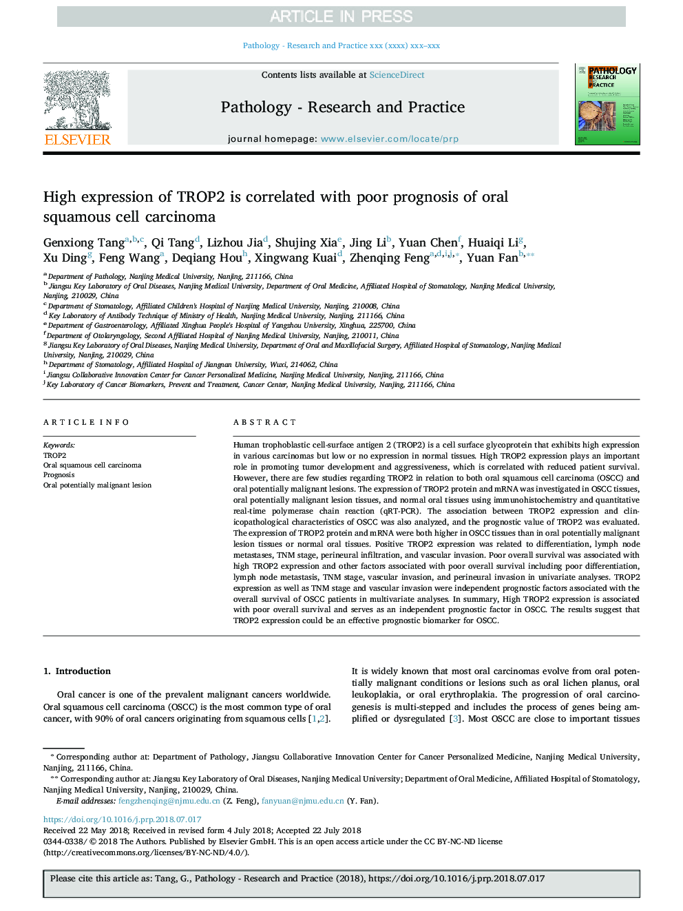 High expression of TROP2 is correlated with poor prognosis of oral squamous cell carcinoma