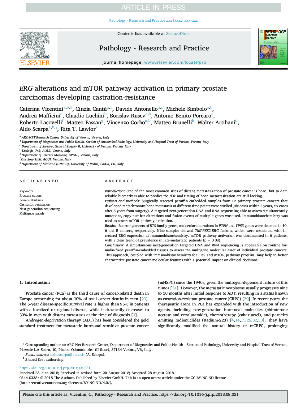 ERG alterations and mTOR pathway activation in primary prostate carcinomas developing castration-resistance