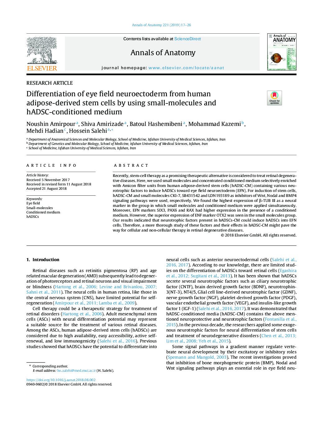 Differentiation of eye field neuroectoderm from human adipose-derived stem cells by using small-molecules and hADSC-conditioned medium