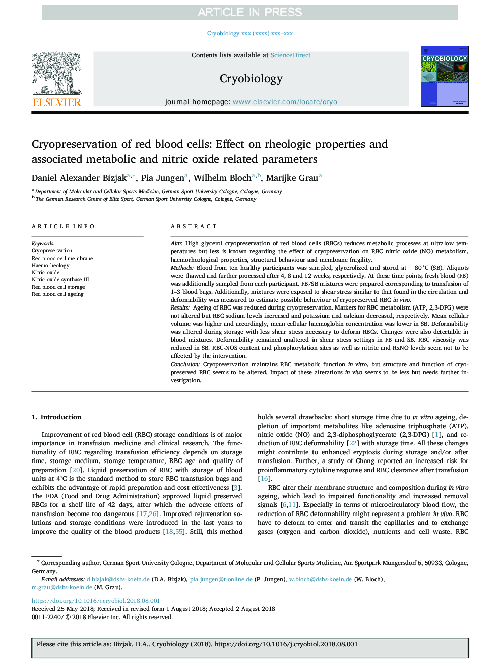 Cryopreservation of red blood cells: Effect on rheologic properties and associated metabolic and nitric oxide related parameters