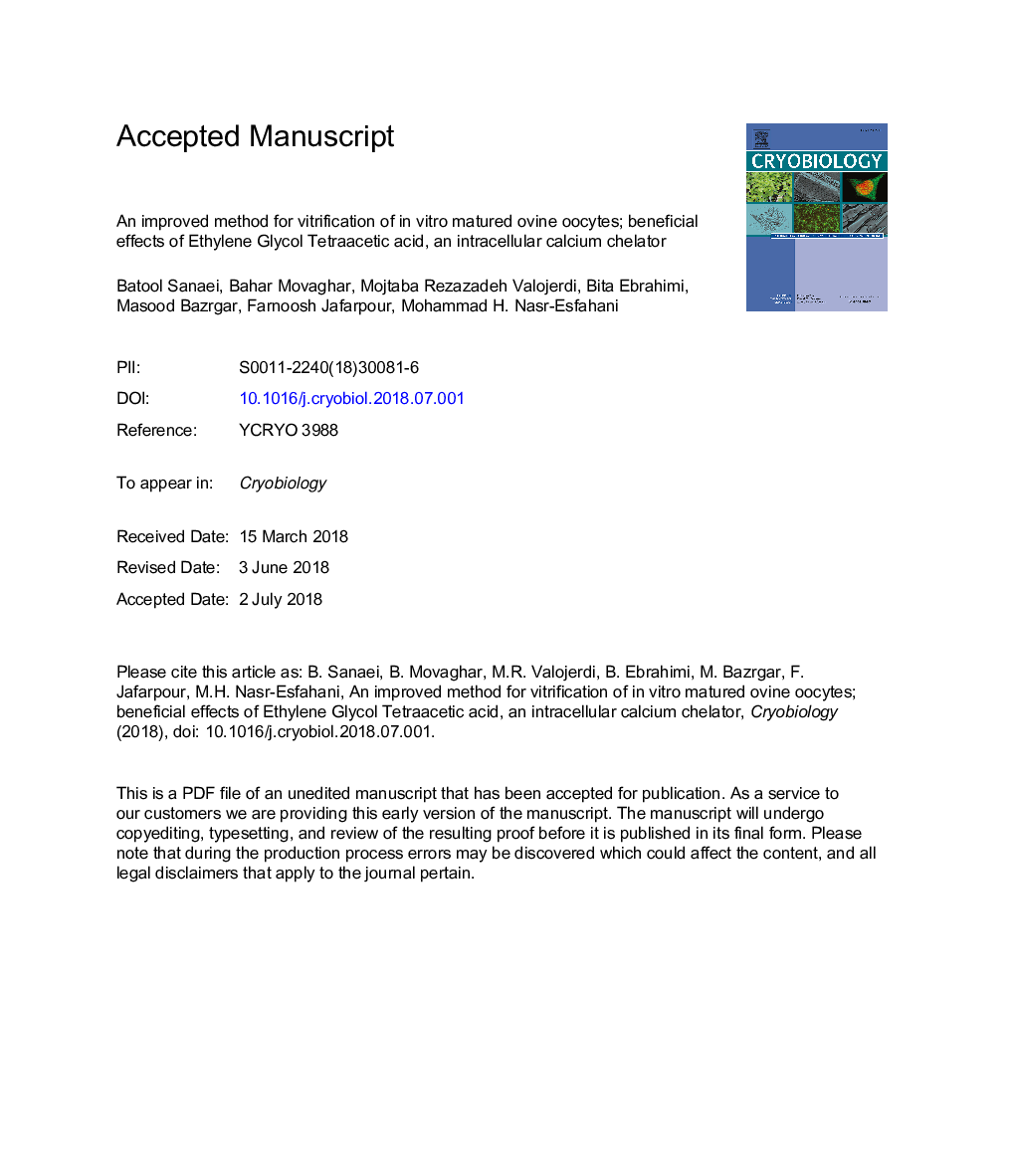 An improved method for vitrification of in vitro matured ovine oocytes; beneficial effects of Ethylene Glycol Tetraacetic acid, an intracellular calcium chelator