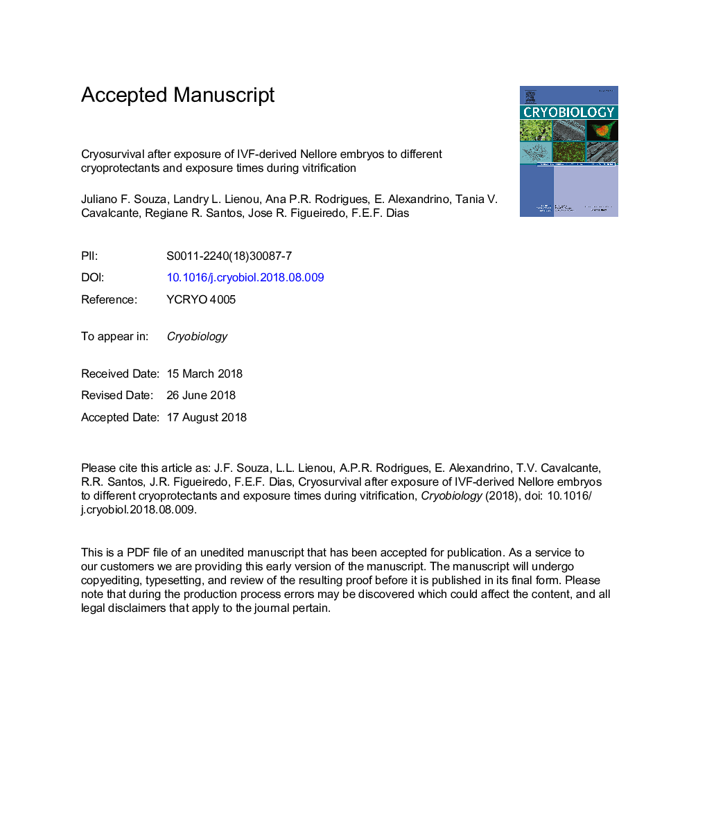 Cryosurvival after exposure of IVF-derived Nellore embryos to different cryoprotectants and exposure times during vitrification