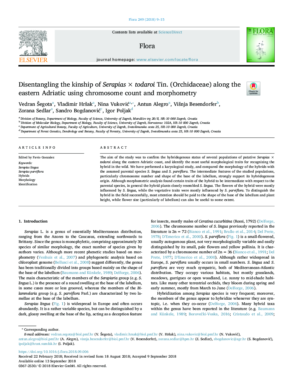 Disentangling the kinship of SerapiasâÃâtodaroi Tin. (Orchidaceae) along the eastern Adriatic using chromosome count and morphometry