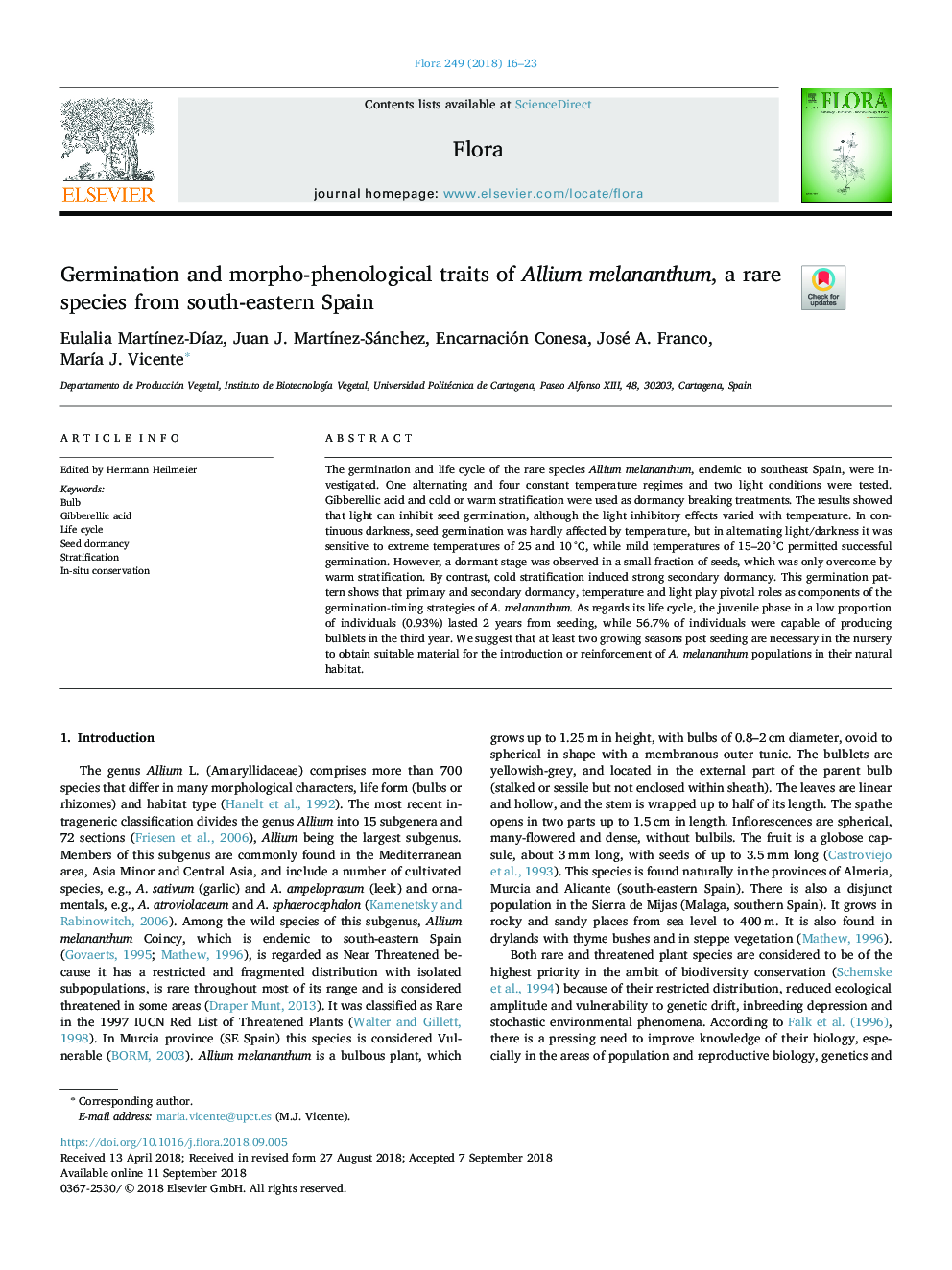 Germination and morpho-phenological traits of Allium melananthum, a rare species from south-eastern Spain