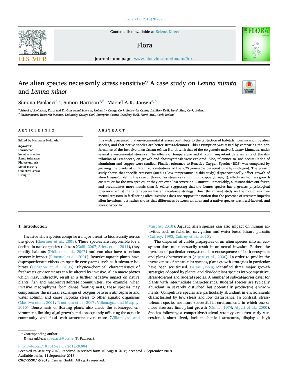 Are alien species necessarily stress sensitive? A case study on Lemna minuta and Lemna minor