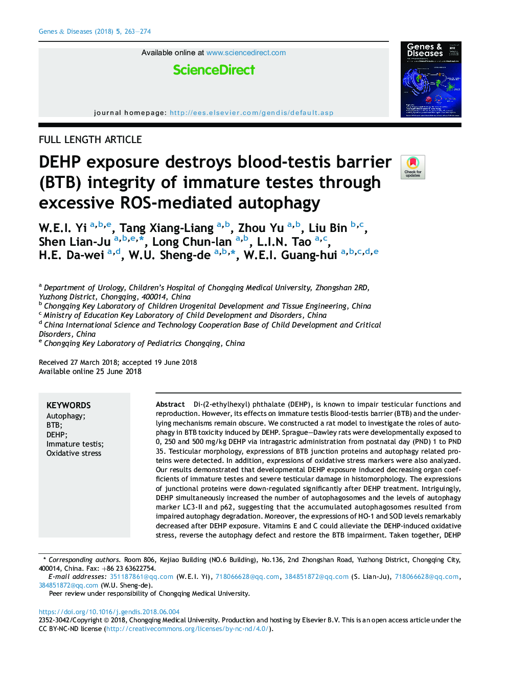 DEHP exposure destroys blood-testis barrier (BTB) integrity of immature testes through excessive ROS-mediated autophagy