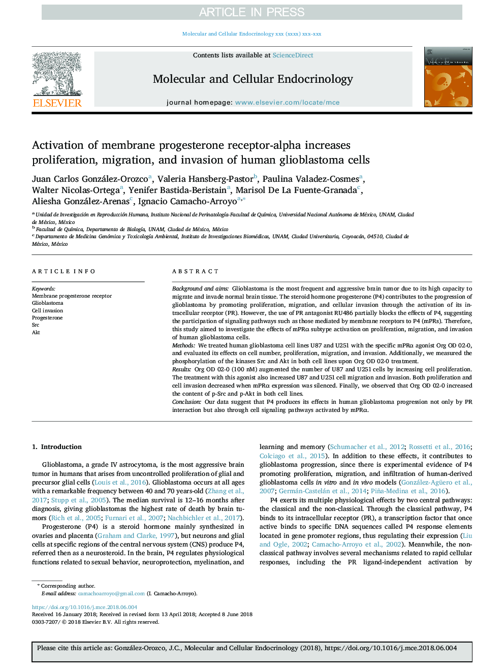 Activation of membrane progesterone receptor-alpha increases proliferation, migration, and invasion of human glioblastoma cells