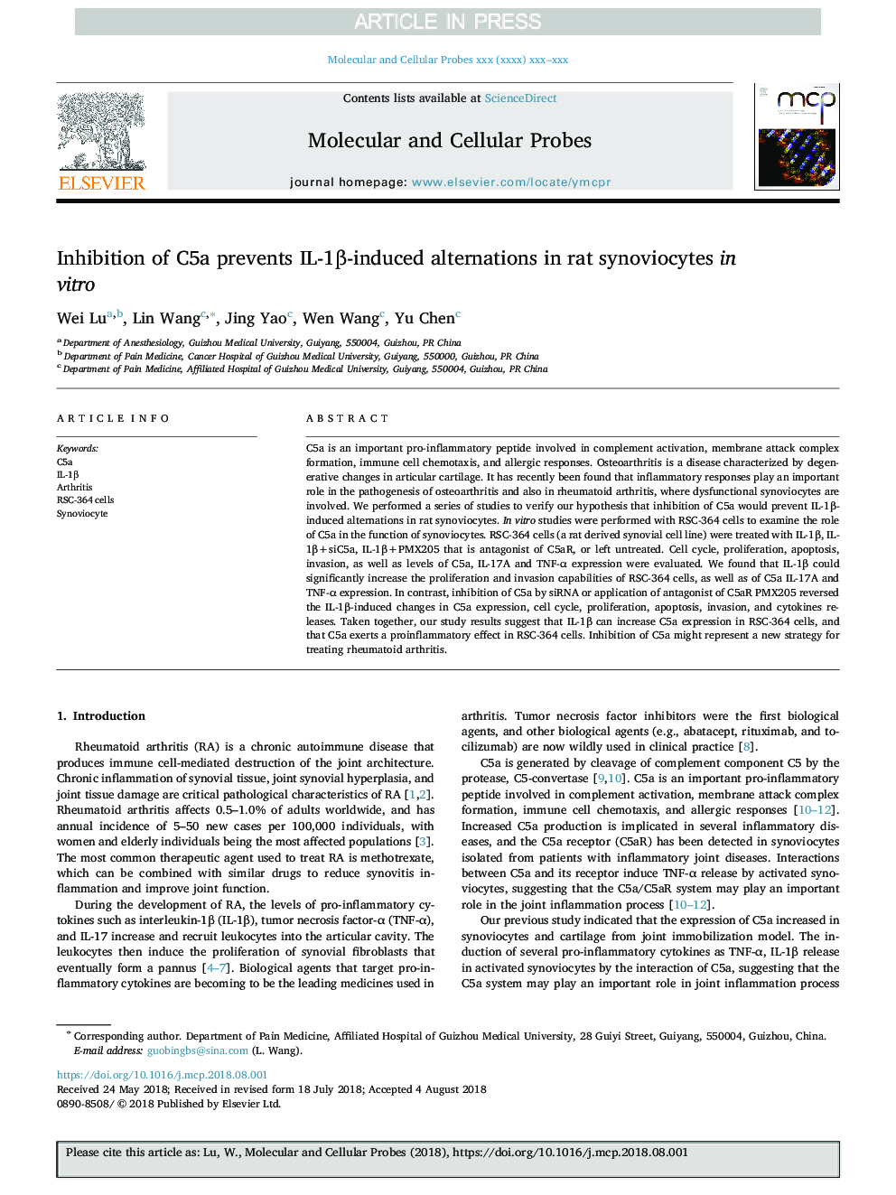 Inhibition of C5a prevents IL-1Î²-induced alternations in rat synoviocytes in vitro