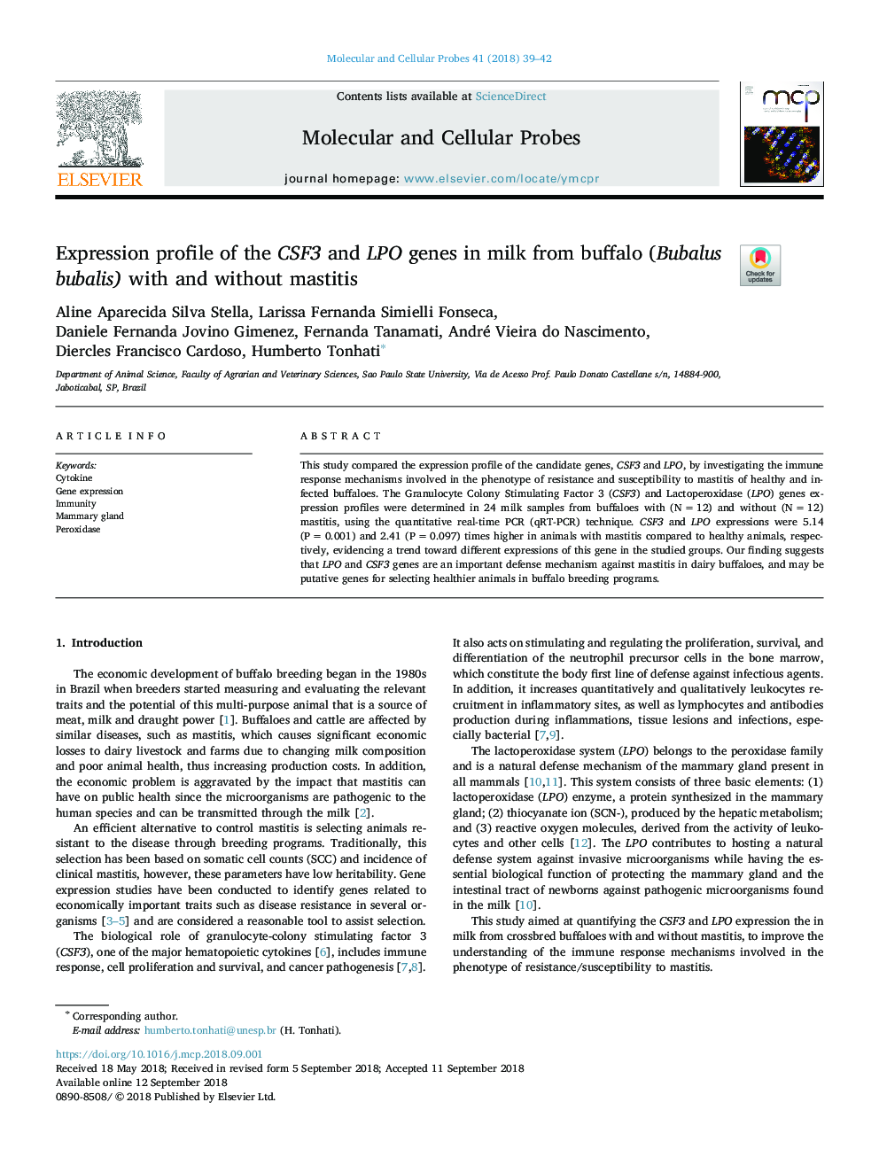 Expression profile of the CSF3 and LPO genes in milk from buffalo (Bubalus bubalis) with and without mastitis