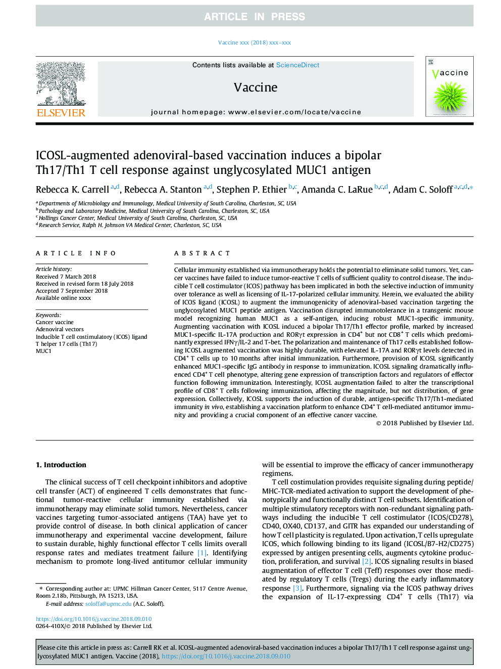 ICOSL-augmented adenoviral-based vaccination induces a bipolar Th17/Th1 T cell response against unglycosylated MUC1 antigen