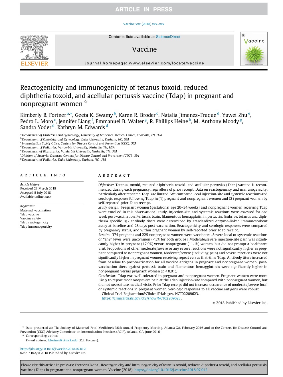 Reactogenicity and immunogenicity of tetanus toxoid, reduced diphtheria toxoid, and acellular pertussis vaccine (Tdap) in pregnant and nonpregnant women