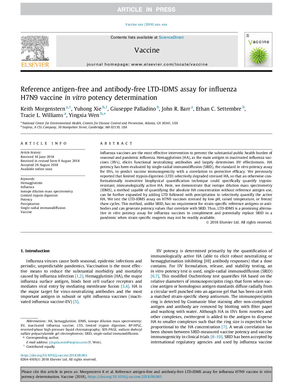 Reference antigen-free and antibody-free LTD-IDMS assay for influenza H7N9 vaccine in vitro potency determination