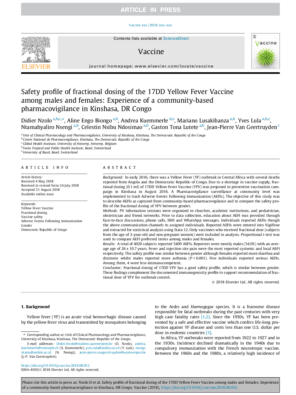 Safety profile of fractional dosing of the 17DD Yellow Fever Vaccine among males and females: Experience of a community-based pharmacovigilance in Kinshasa, DR Congo