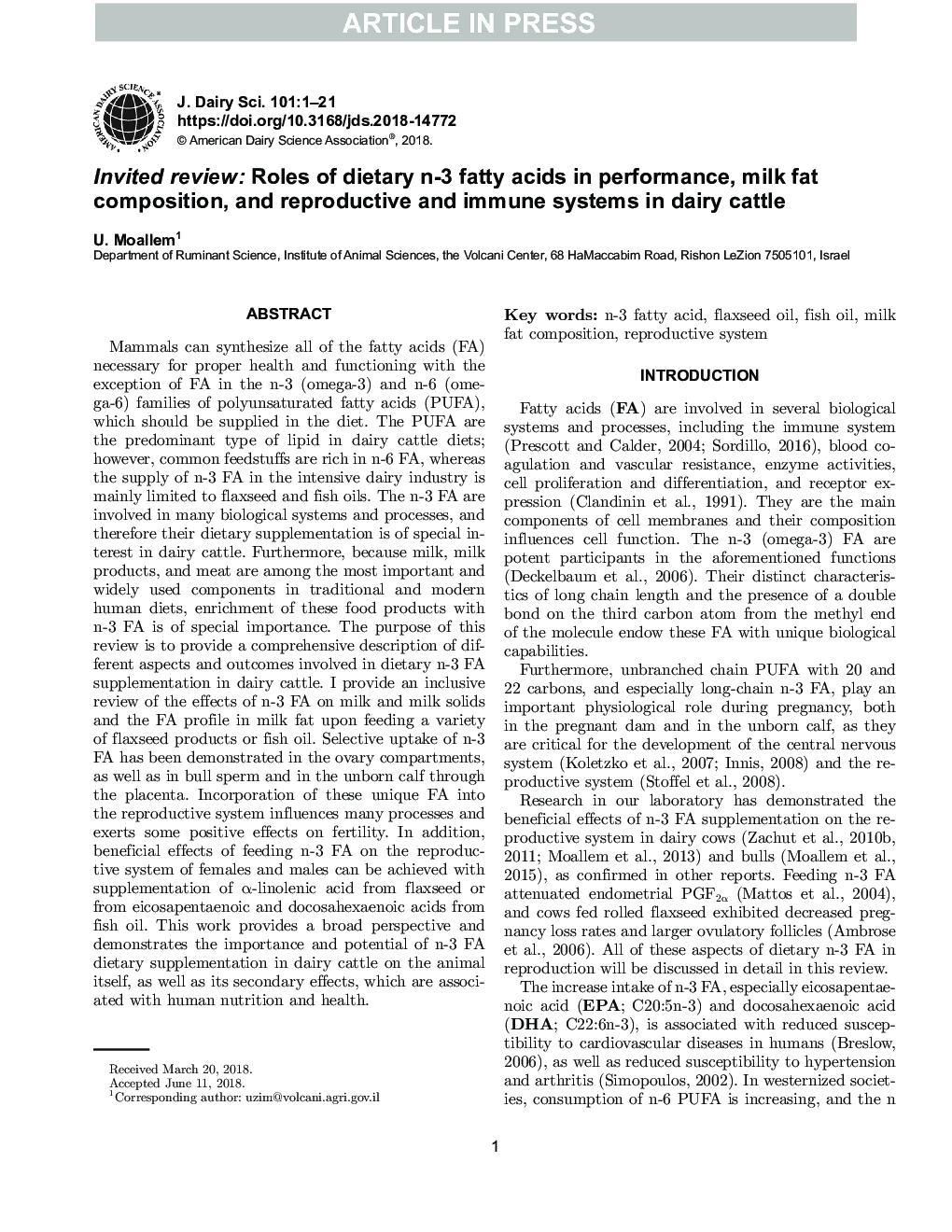 Invited review: Roles of dietary n-3 fatty acids in performance, milk fat composition, and reproductive and immune systems in dairy cattle