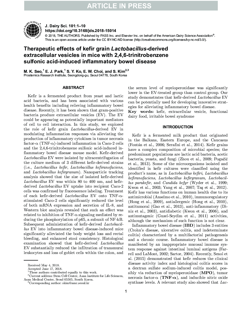 Therapeutic effects of kefir grain Lactobacillus-derived extracellular vesicles in mice with 2,4,6-trinitrobenzene sulfonic acid-induced inflammatory bowel disease