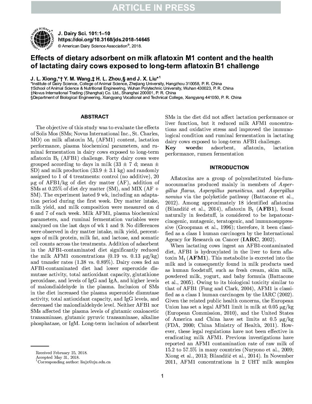 Effects of dietary adsorbent on milk aflatoxin M1 content and the health of lactating dairy cows exposed to long-term aflatoxin B1 challenge