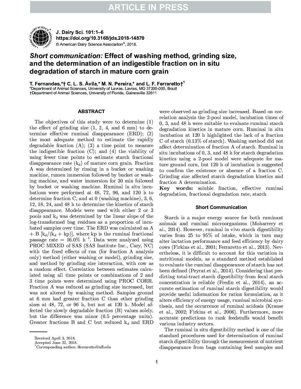 Short communication: Effect of washing method, grinding size, and the determination of an indigestible fraction on in situ degradation of starch in mature corn grain