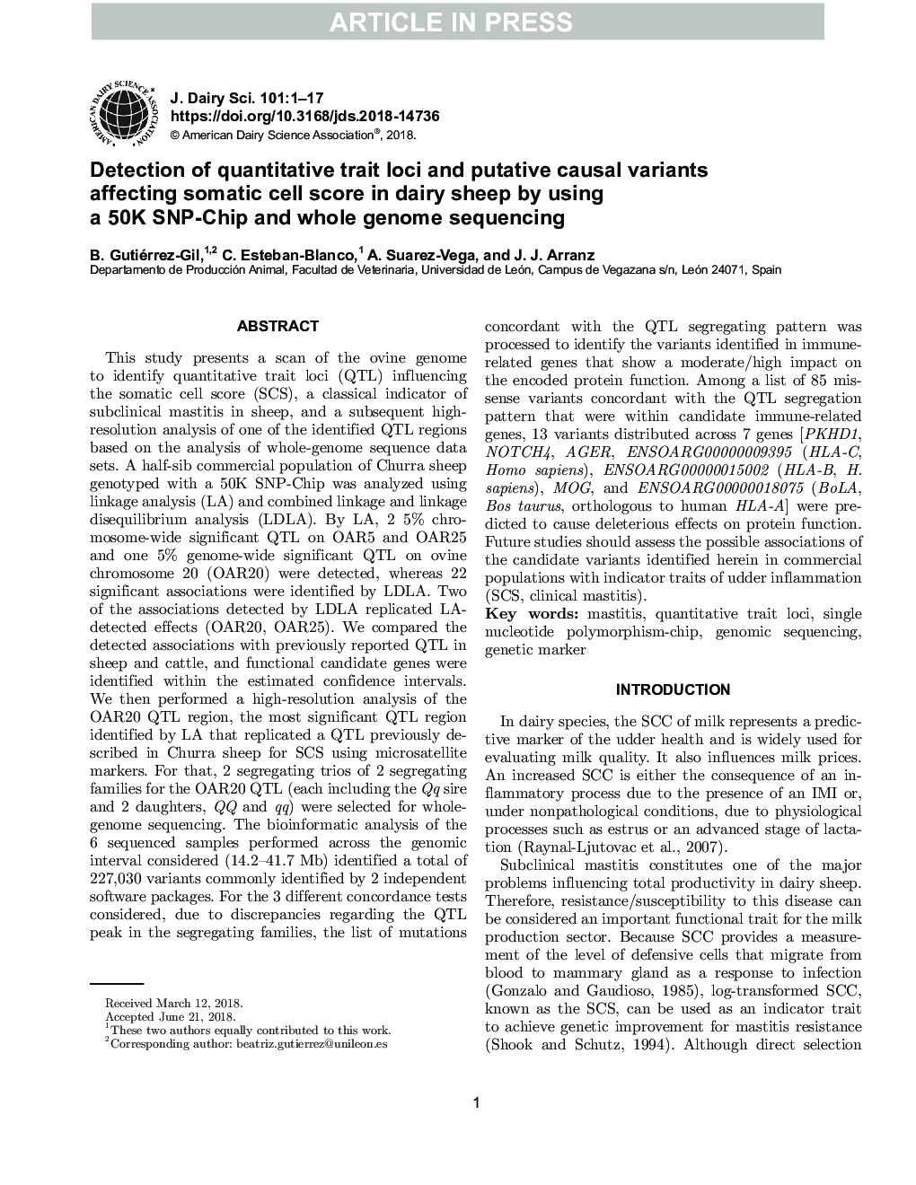 Detection of quantitative trait loci and putative causal variants affecting somatic cell score in dairy sheep by using a 50K SNP chip and whole-genome sequencing