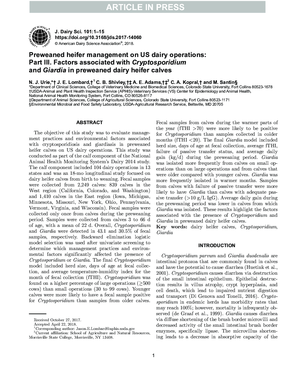 Preweaned heifer management on US dairy operations: Part III. Factors associated with Cryptosporidium and Giardia in preweaned dairy heifer calves