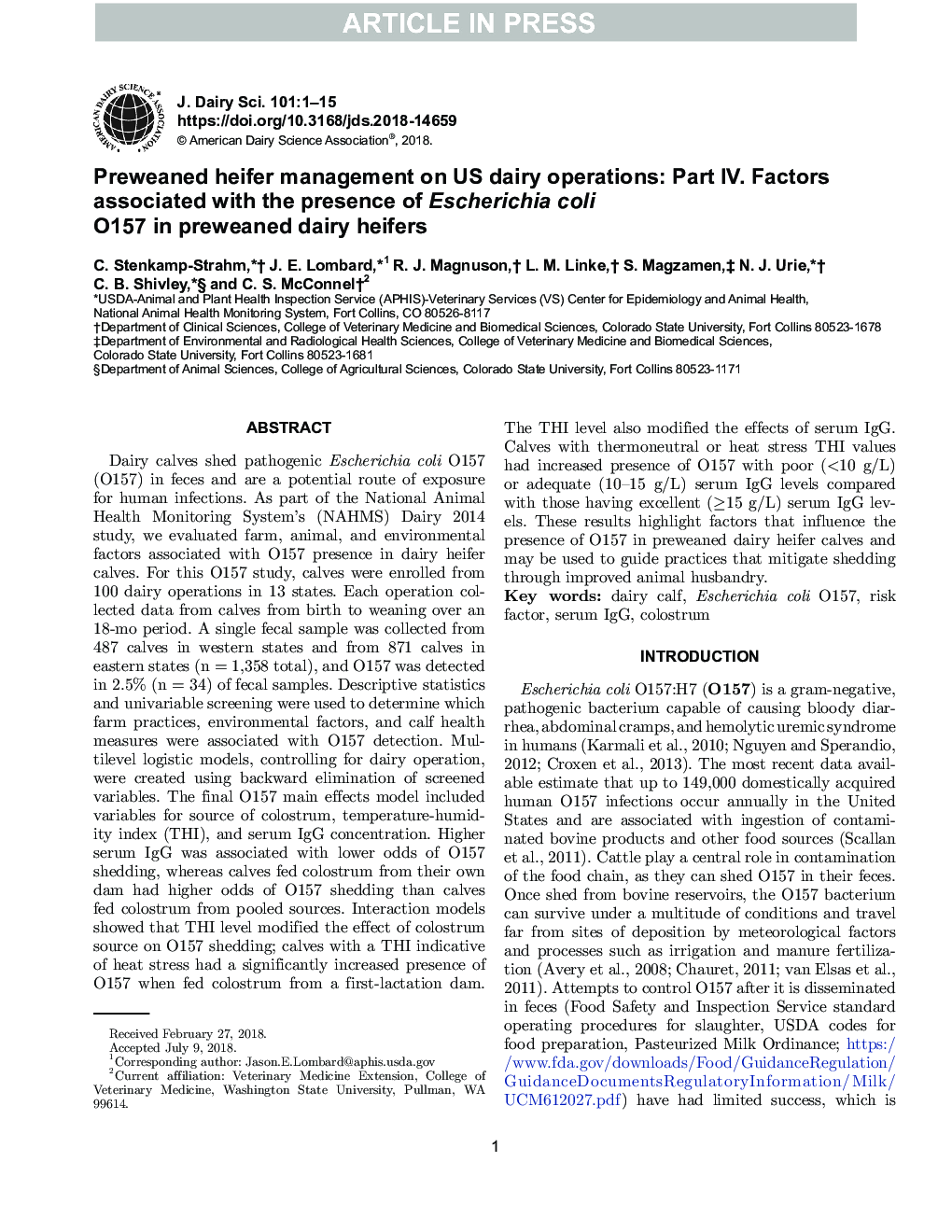 Preweaned heifer management on US dairy operations: Part IV. Factors associated with the presence of Escherichia coli O157 in preweaned dairy heifers