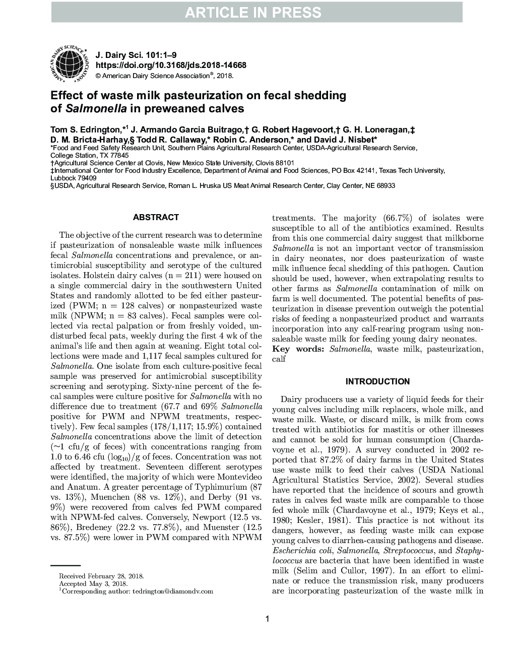 Effect of waste milk pasteurization on fecal shedding of Salmonella in preweaned calves