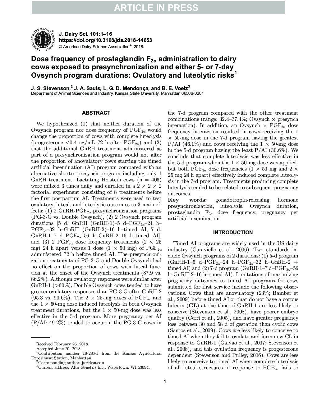 Dose frequency of prostaglandin F2Î± administration to dairy cows exposed to presynchronization and either 5- or 7-day Ovsynch program durations: Ovulatory and luteolytic risks