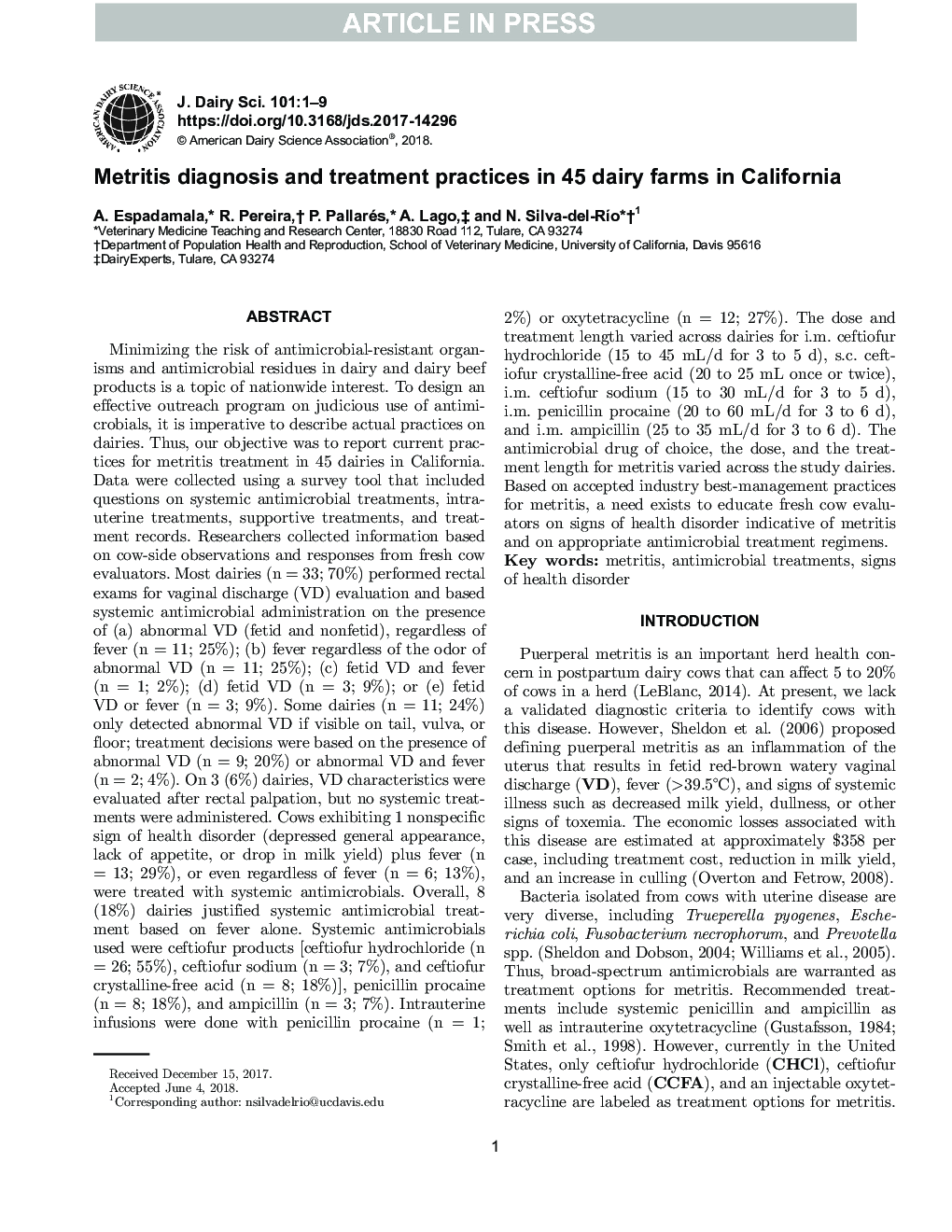 تشخیص و درمان متتری در 45 مزارع شیری در کالیفرنیا